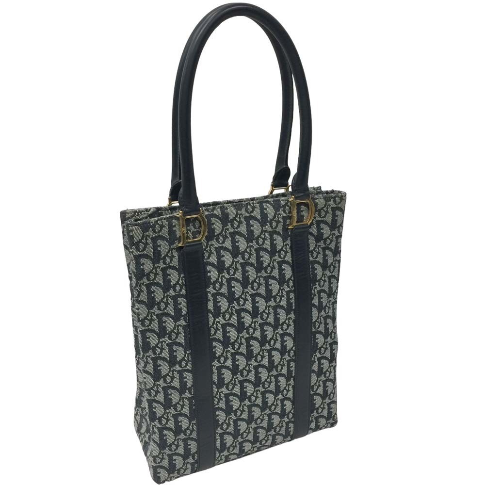 Christian Dior Tote Bag Trotter Shoulder Canvas Leather Navy Blue